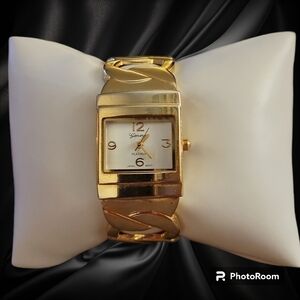 Goldtone Square Face Link Cuff Watch Bracelet